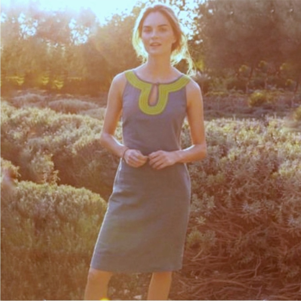 Boden Santorini Linen Shift Dress Grey Lime SZ 16L